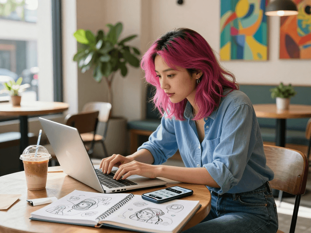 Young woman creating AI-driven content in an urban café, embodying the concept of an ai slut in a vibrant and creative workspace.