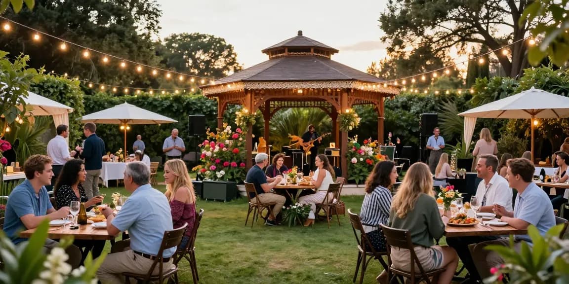Gazebo hire setup for outdoor garden party from https://www.gazebohirelondon.co.uk/ featuring diverse guests enjoying food and drinks under colorful decorations.