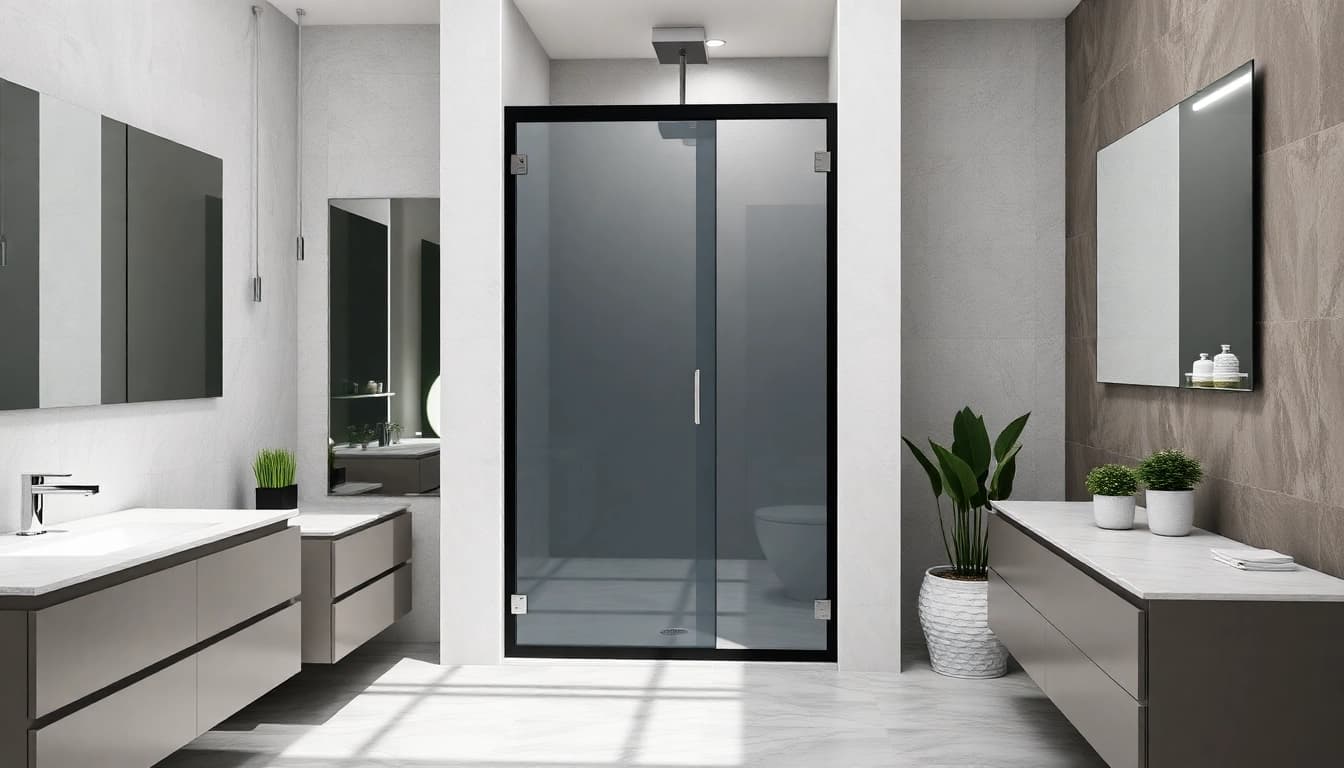 Showcasing a stunning black shower door in a chic bathroom highlighting modern design.