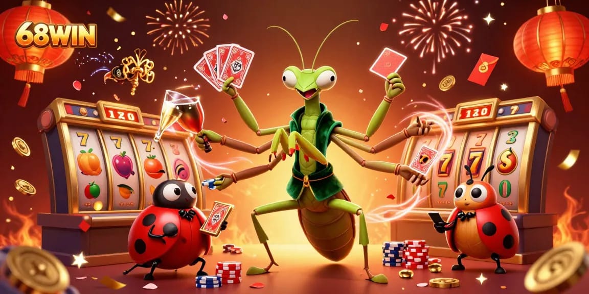 Experience the excitement of 68WIN with vibrant characters and festive casino elements showcasing a thrilling gaming adventure.
