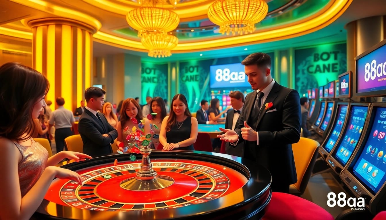 Experience the thrill of 88aa at a bustling casino with a roulette table and excited gamblers.