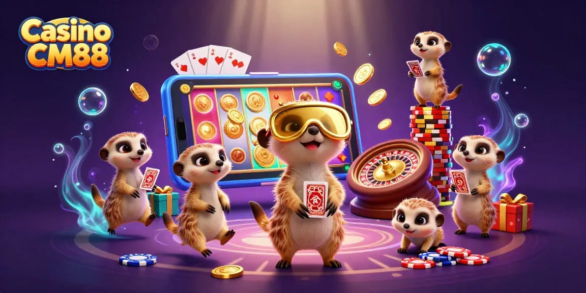 Engage in exciting gameplay at Casino CM88 with meerkats managing a vibrant casino scene filled with games and treasure.