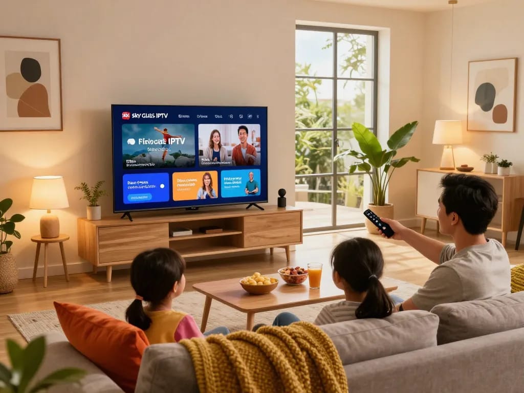 Family enjoying Sky Glass IPTV Subscription in a cozy living room with Smart TV and snacks.