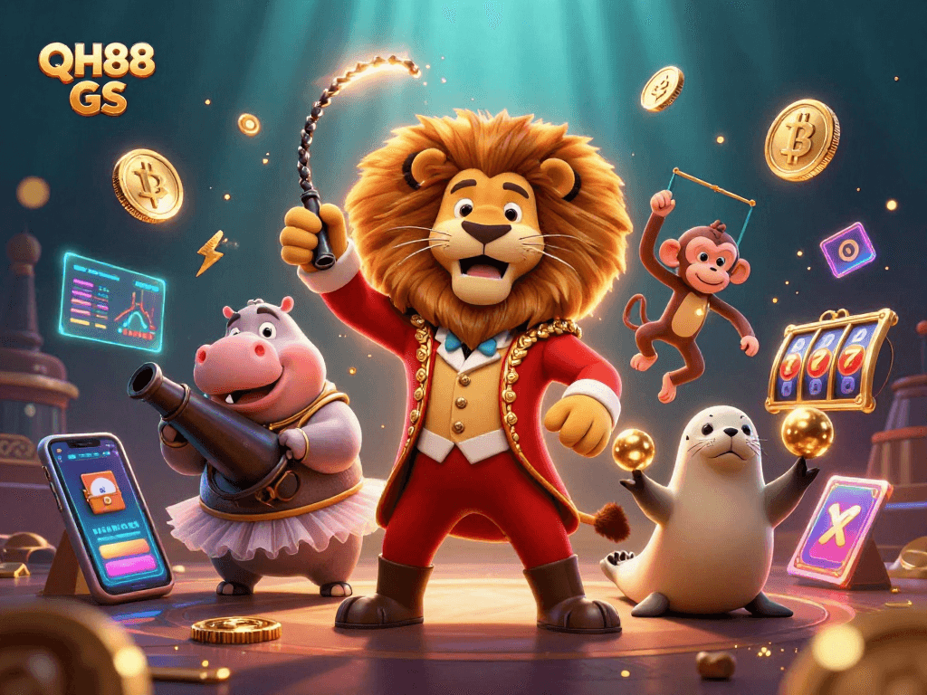 Engage with QH88 GS through animated casino fun featuring lively characters and vibrant crypto elements.