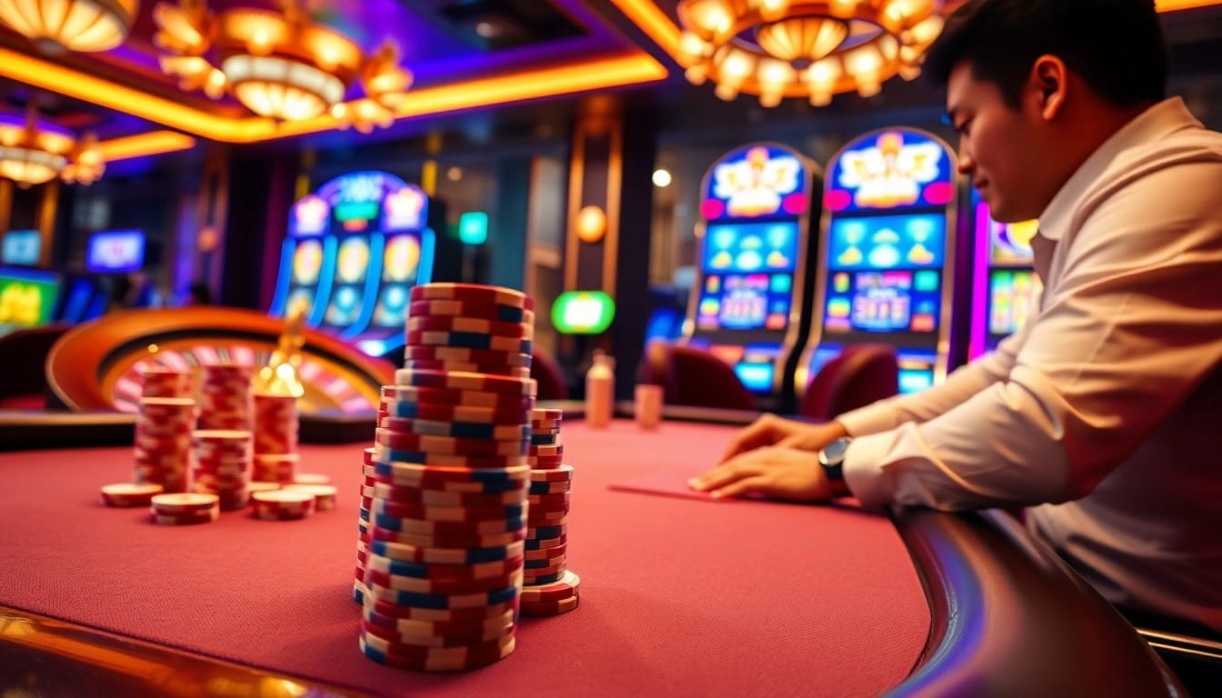 Exciting Fun88 Thai gambling scene with poker chips, roulette wheel, and vibrant slot machines.