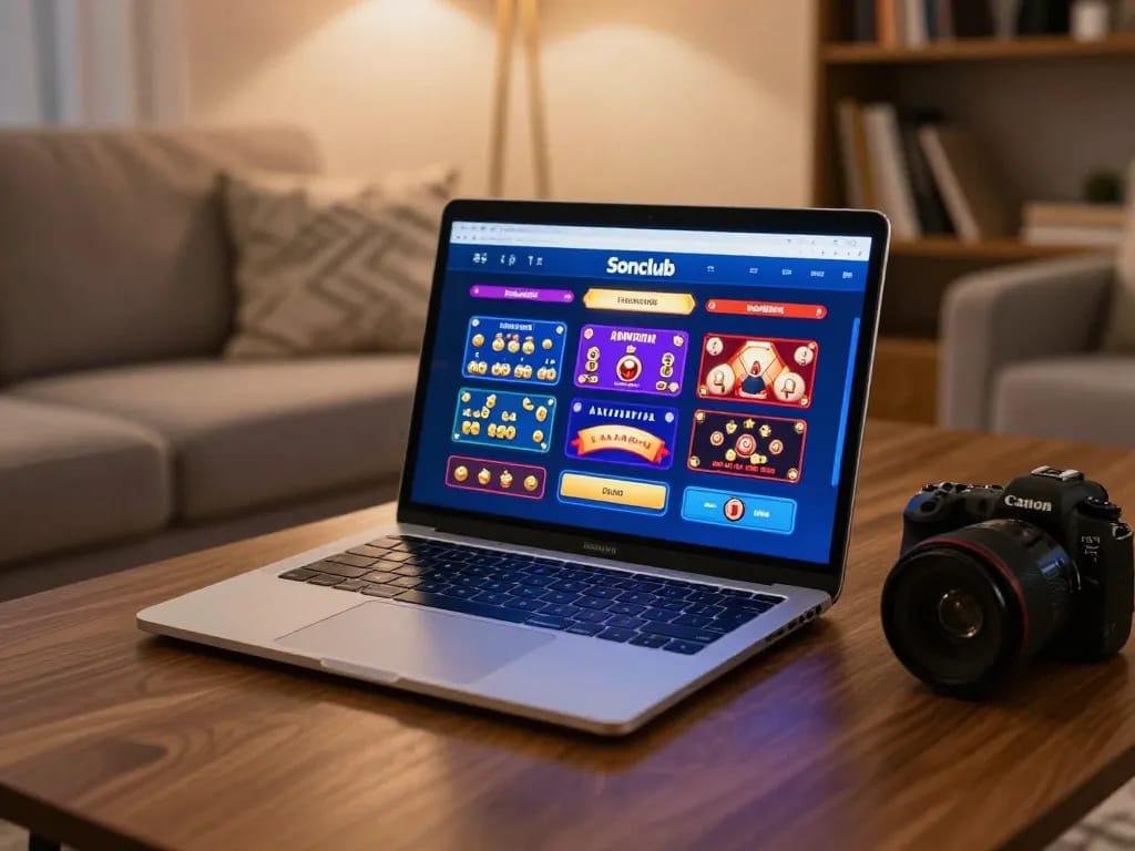 Engaging with Sonclub's online gaming interface from a cozy home setup, emphasizing responsible gambling.