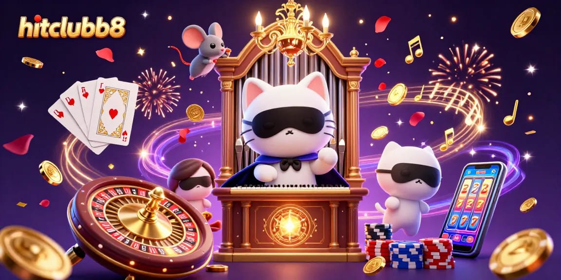 Engage with hitclubb8's dynamic casino scene featuring a phantom cat and colorful game elements.