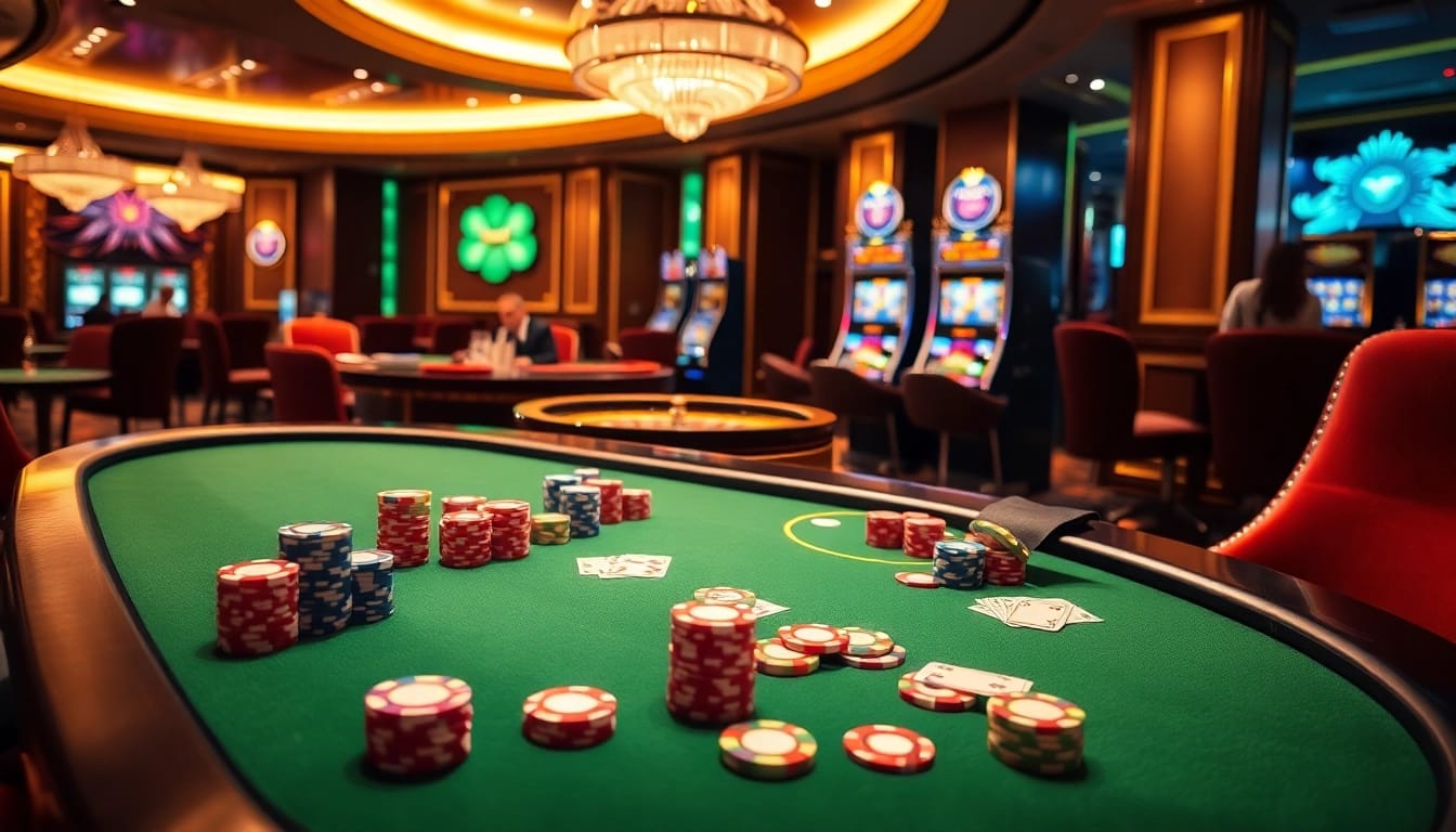 Experience the excitement of gambling at https://jun88.pizza/ with a vibrant casino setting, showcasing a high-stakes poker game.