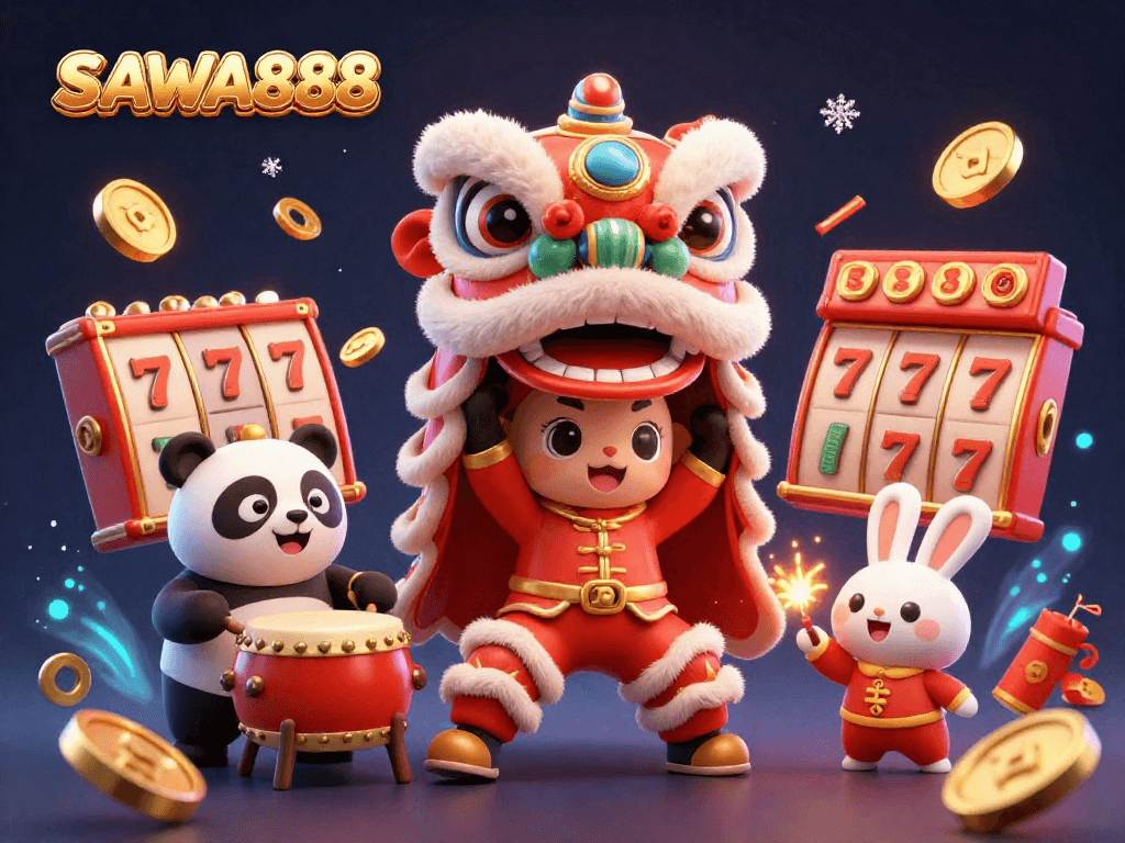 Experience exciting gameplay at SAWA888 with dynamic slot reels and adorable characters during a festive scene.