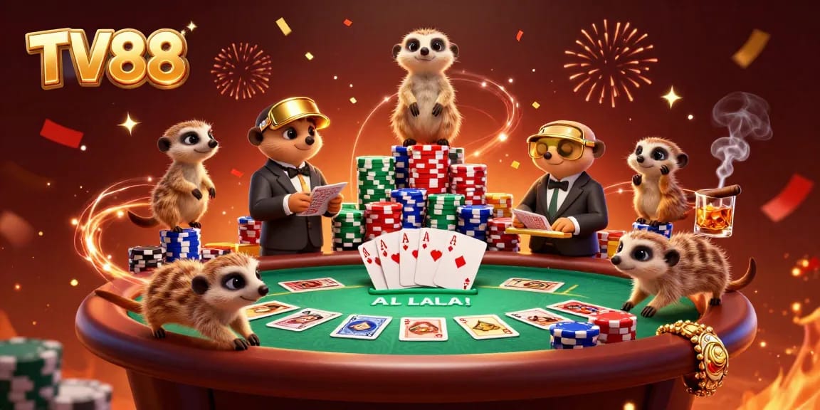 Experience the excitement of TV88 with lively meerkats at a bustling poker table in a 3D casino.