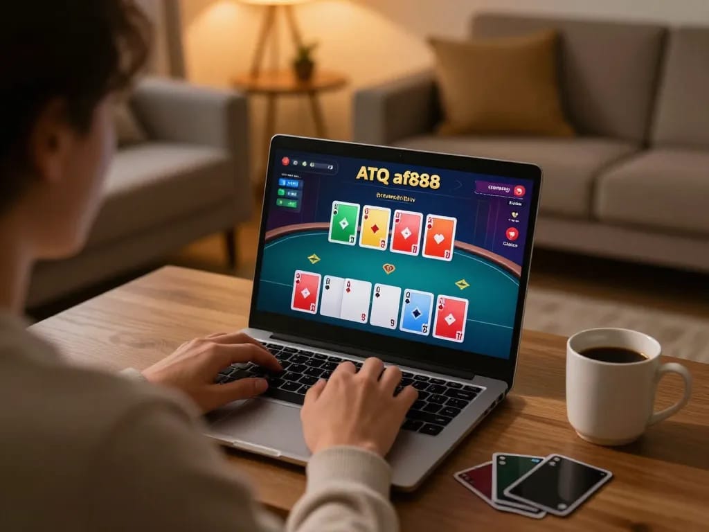 Engaging online gambling session at ATQ af88 on a laptop with a cozy atmosphere.