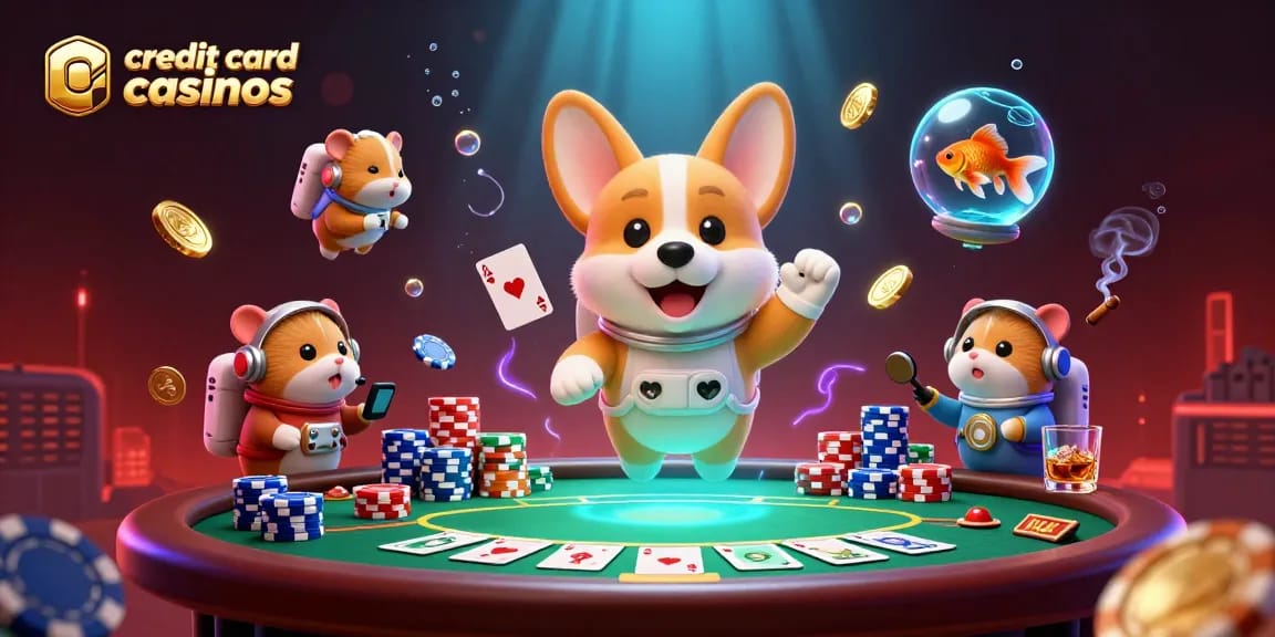 Experience the excitement of credit card casinos with a floating corgi astronaut in a casino scene.