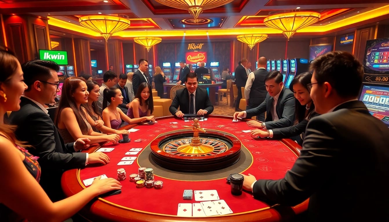 Players enjoying the kkwin casino experience with vibrant gaming tables and excitement in the air.