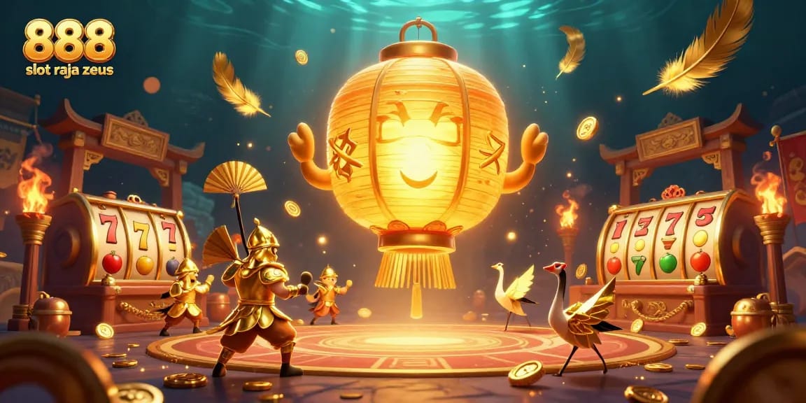 Engage with 888 slot raja zeus in a vibrant illustrated casino scene featuring dynamic game elements.