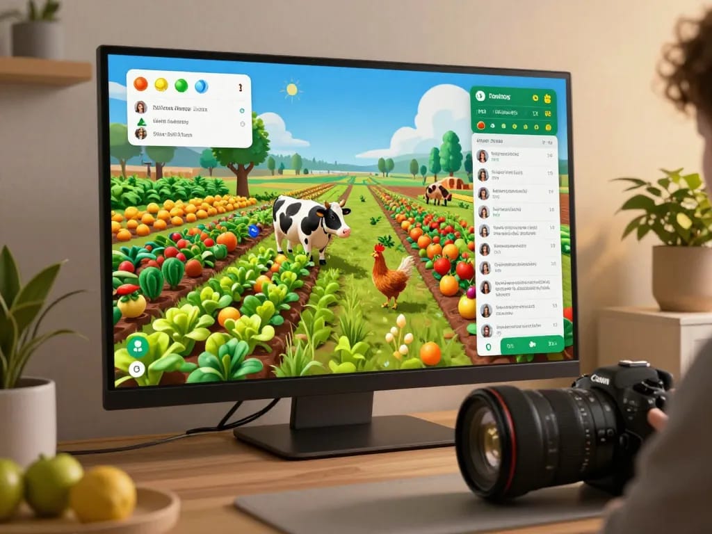 A digital farming scene from https://1gom.farm/ showcasing vibrant crops and livestock in an immersive gaming environment.