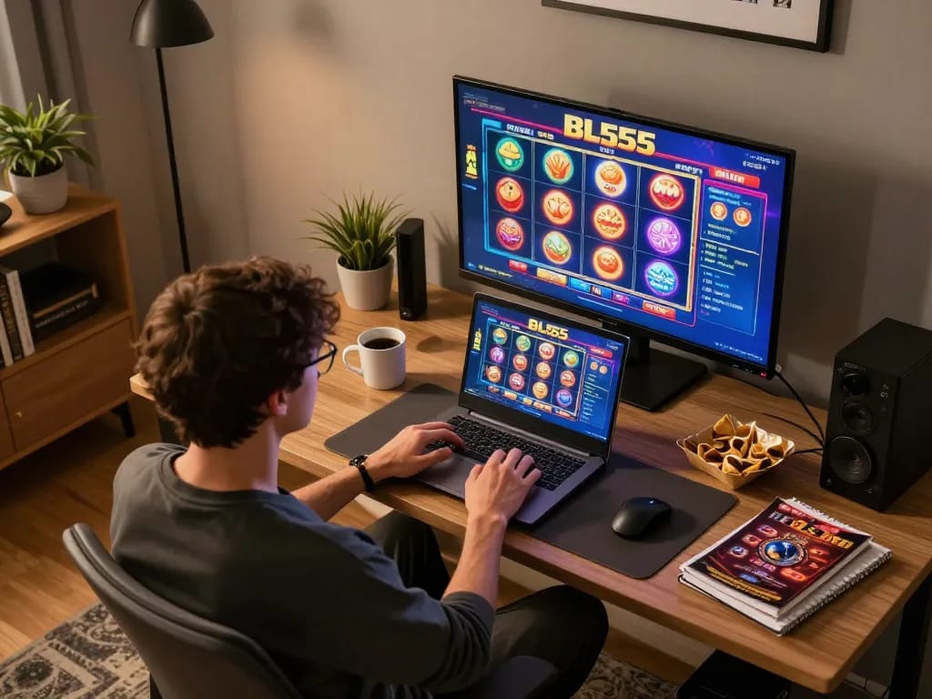 Engaging in online Bl555 casino games at home with a laptop and vibrant slot interface.