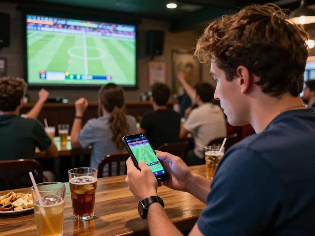 Engaging individual using the 789F app for live sports betting with friends in a vibrant atmosphere.
