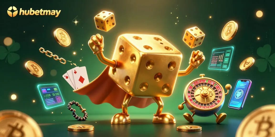 hubetmay showcases a golden dice golem jugging dice elements amidst blockchain graphics in a vibrant casino setting