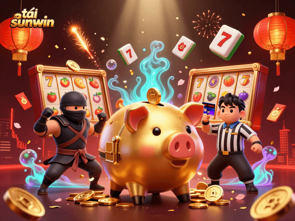 Join the action with tải sunwin in this vibrant 3D casino scene featuring characters and lucky icons.