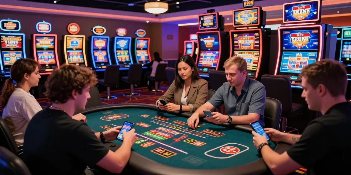 Engaged players enjoying various games at top credit card casinos, showcasing lively atmosphere and quick credit card deposits.