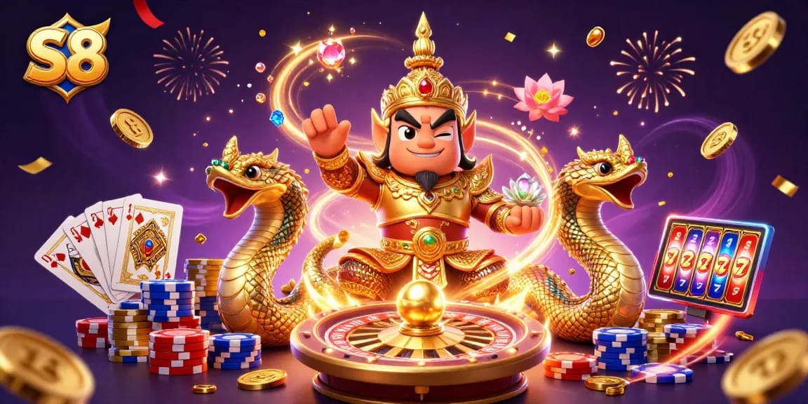 S8 engages gamblers with a captivating casino scene featuring golden guard and Naga companions.