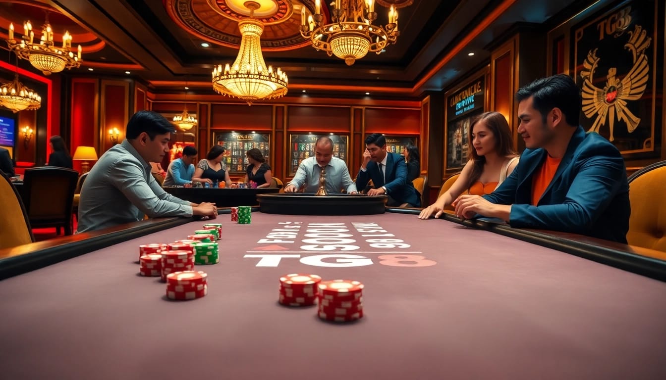 Experience the thrill of a TG88 casino scene with vibrant poker games and luxury decor.