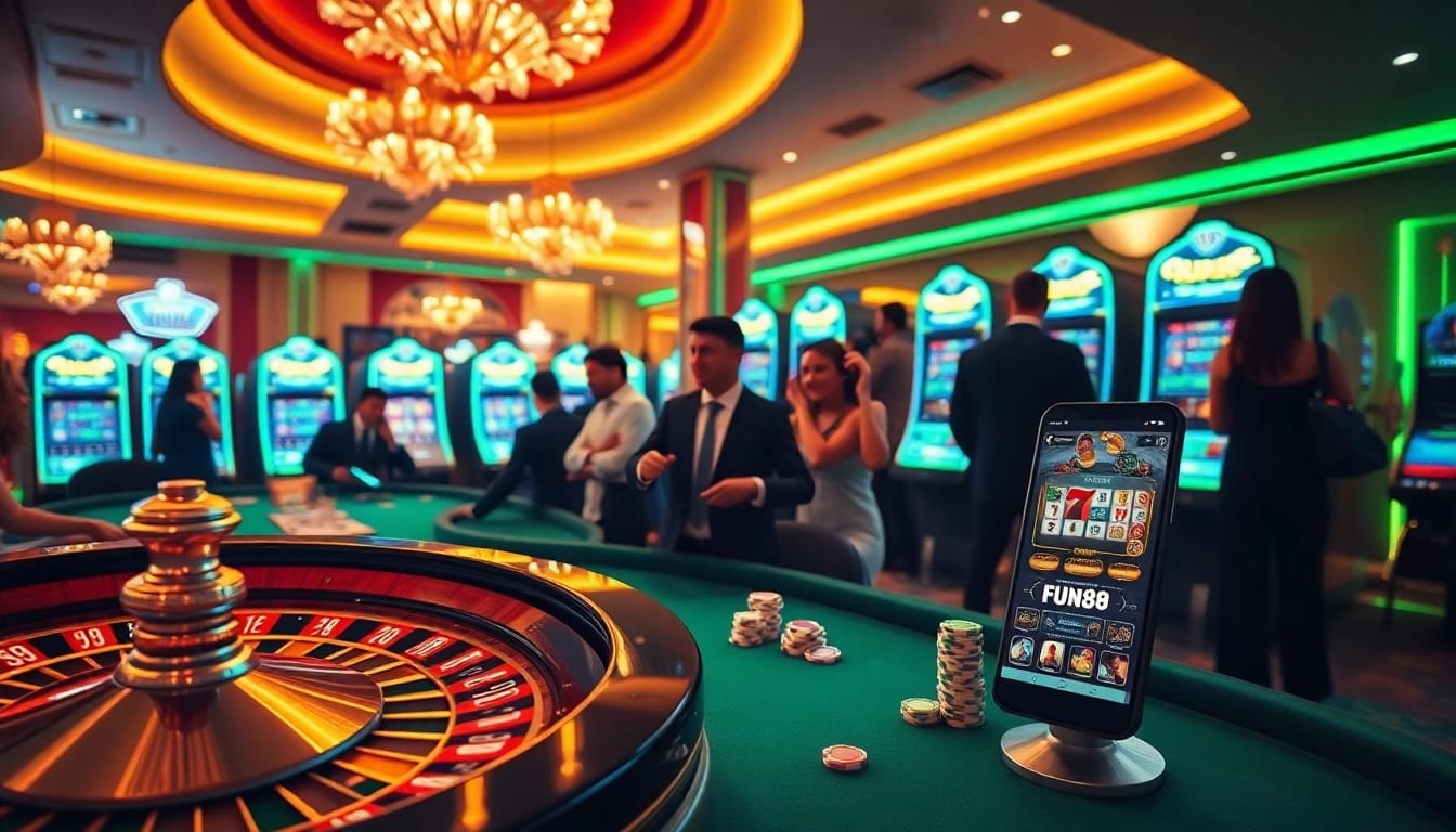 Experience the excitement of Fun88 with players engaging in roulette and slot games in a vibrant casino environment.