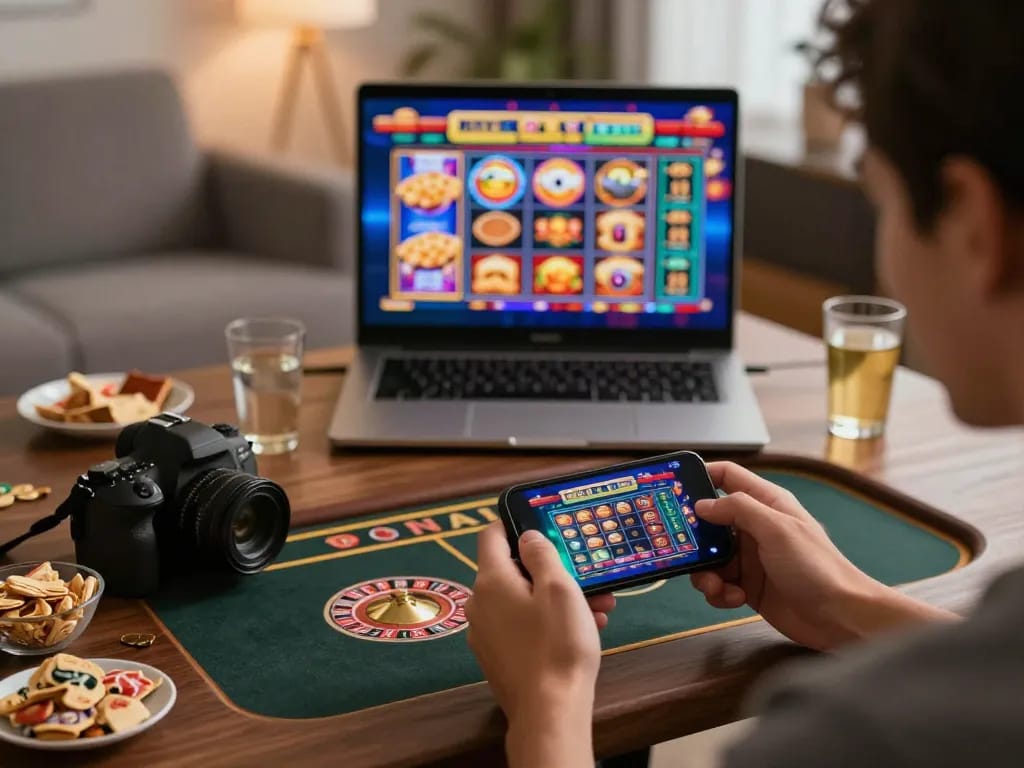 Player enjoying online gambling experience on smartphone while exploring link sungaitoto for betting opportunities.