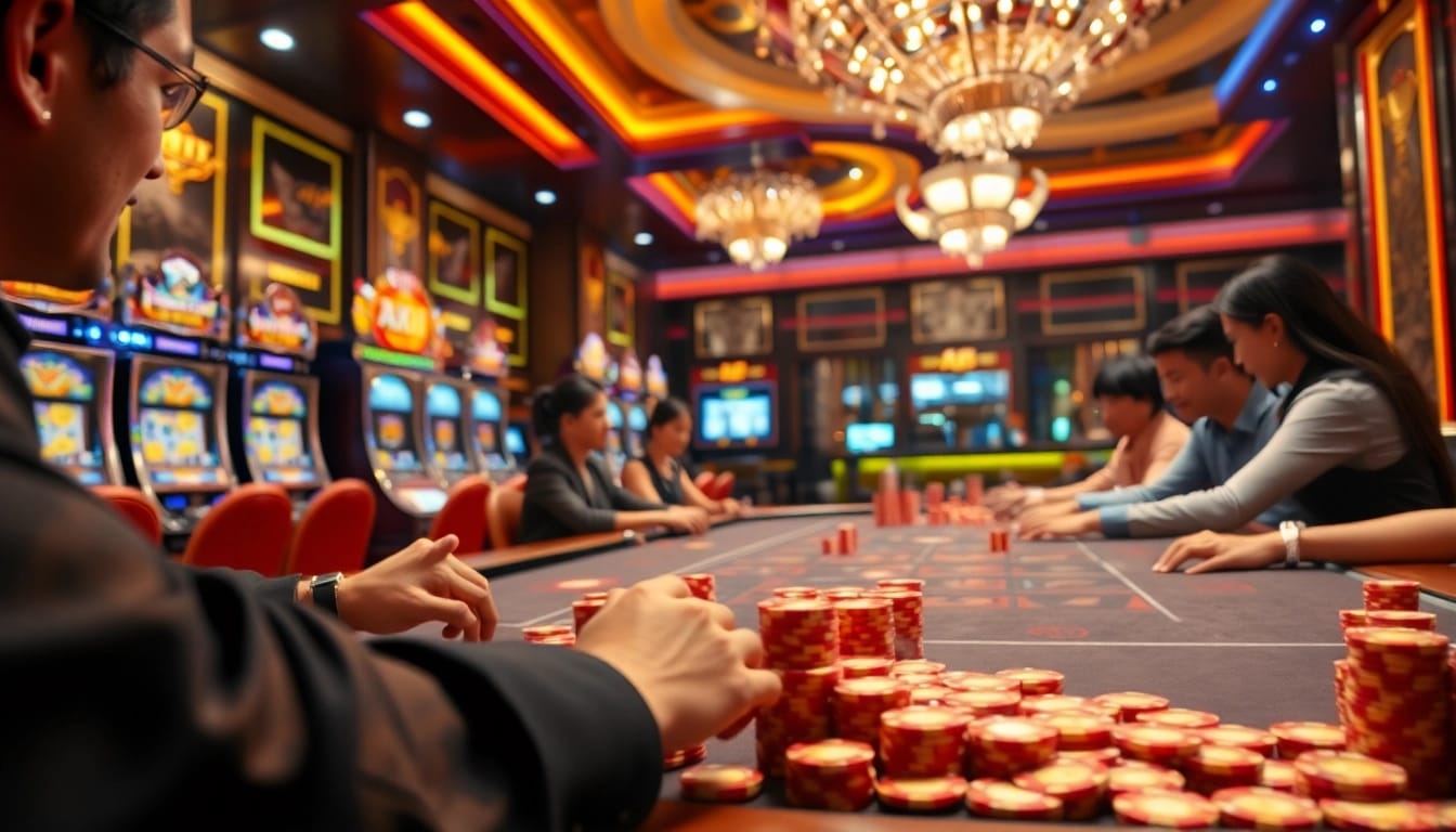 Players enjoying an exciting game of Bắn Cá at the luxurious AX88 casino, surrounded by vibrant lights and action.