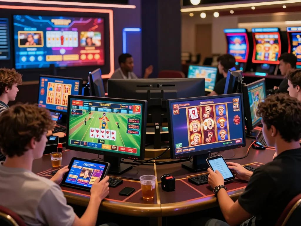 A dynamic online gambling environment showing players enjoying nhà cái uy tín services in a vibrant, engaging atmosphere.