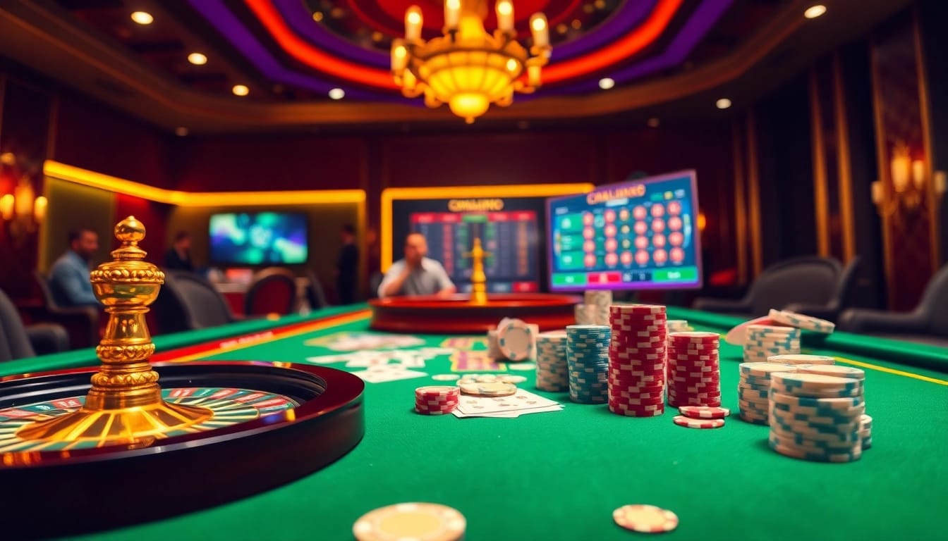 Bangsawan88 casino action featuring poker chips and a roulette wheel in a luxurious setting.