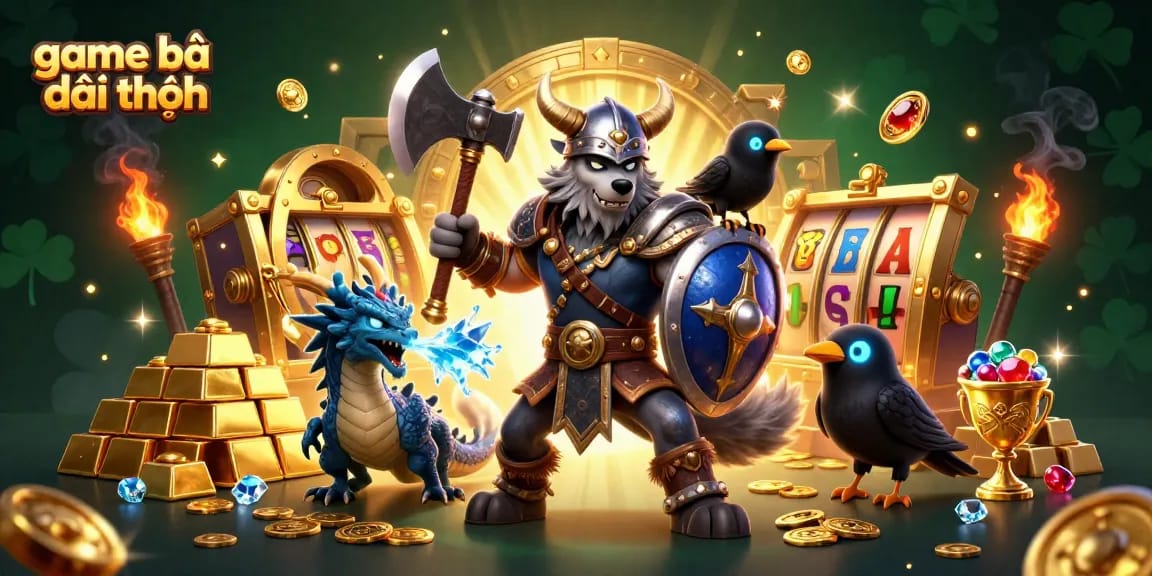 Immerse yourself in game bài đổi thưởng excitement with a Viking wolf warrior, fierce dragon, and treasure vault illustration.