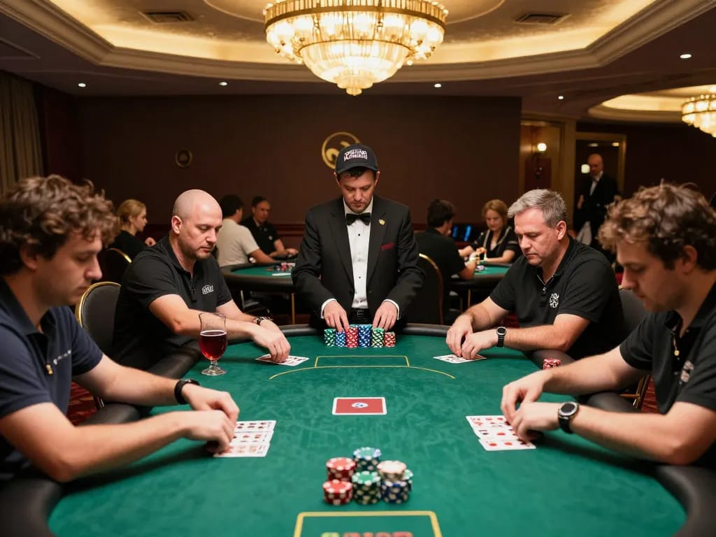 NK88 enthusiasts engaged in a competitive poker tournament at a luxurious casino.
