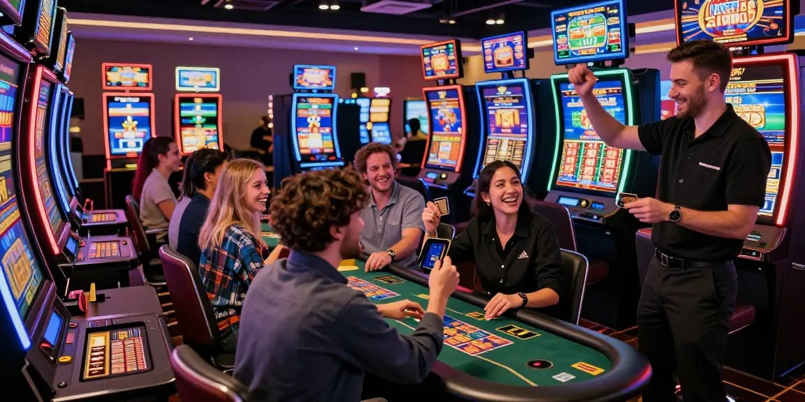 Exciting scene of players at being-there.org.uk's top credit card casinos, celebrating wins and engaging with modern gaming.
