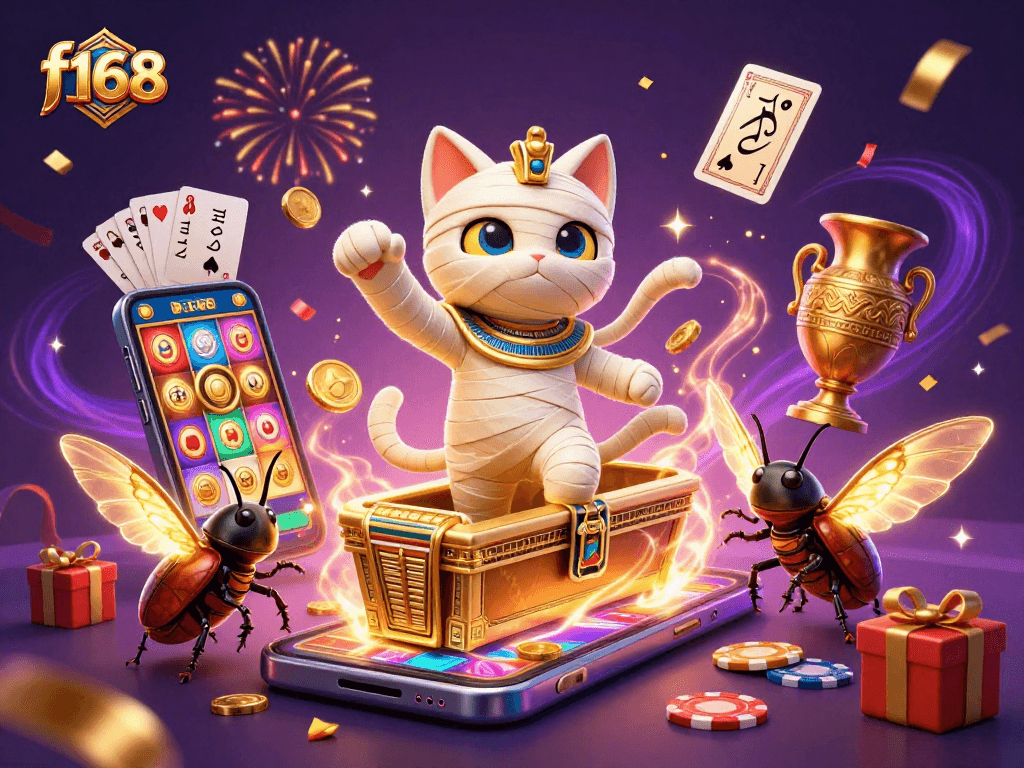 Spin to win at f168 with a cat mummy in a vibrant 3D casino setting featuring slots and roulette.