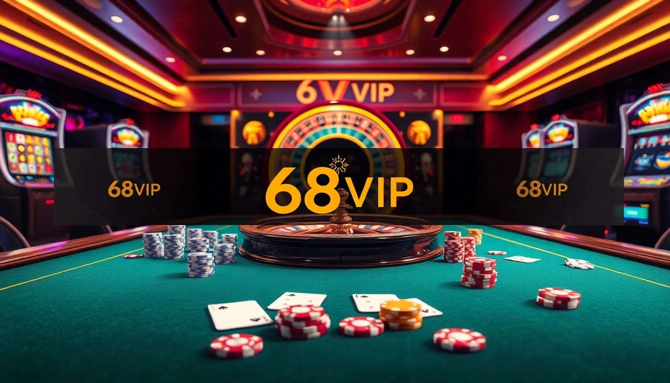 Win big at 68VIP with exciting casino action featuring roulette, poker chips, and slot machines.