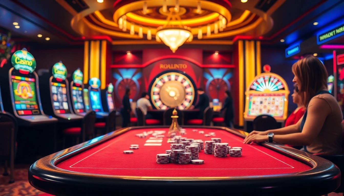 Players celebrating wins at a luxurious casino, showcasing gambling excitement at https://sv88s.pro with vibrant slot machines and poker chips.