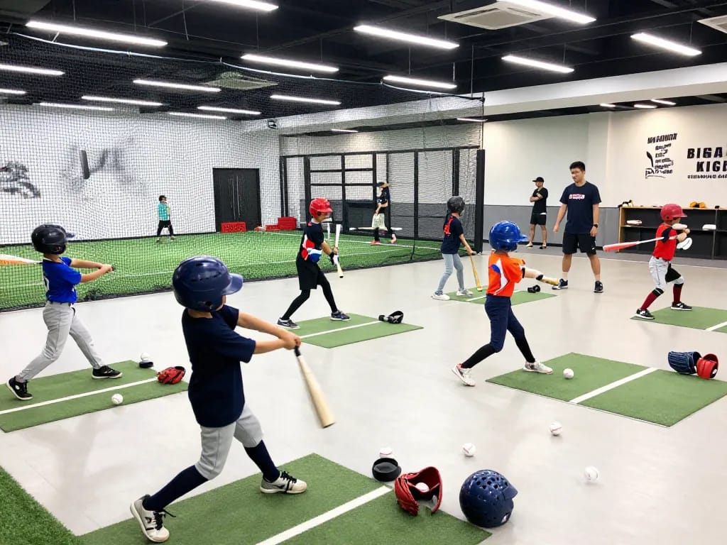 Youth athletes practicing at Hitclub baseball training facility, showcasing dynamic sports environment with coaches and equipment.