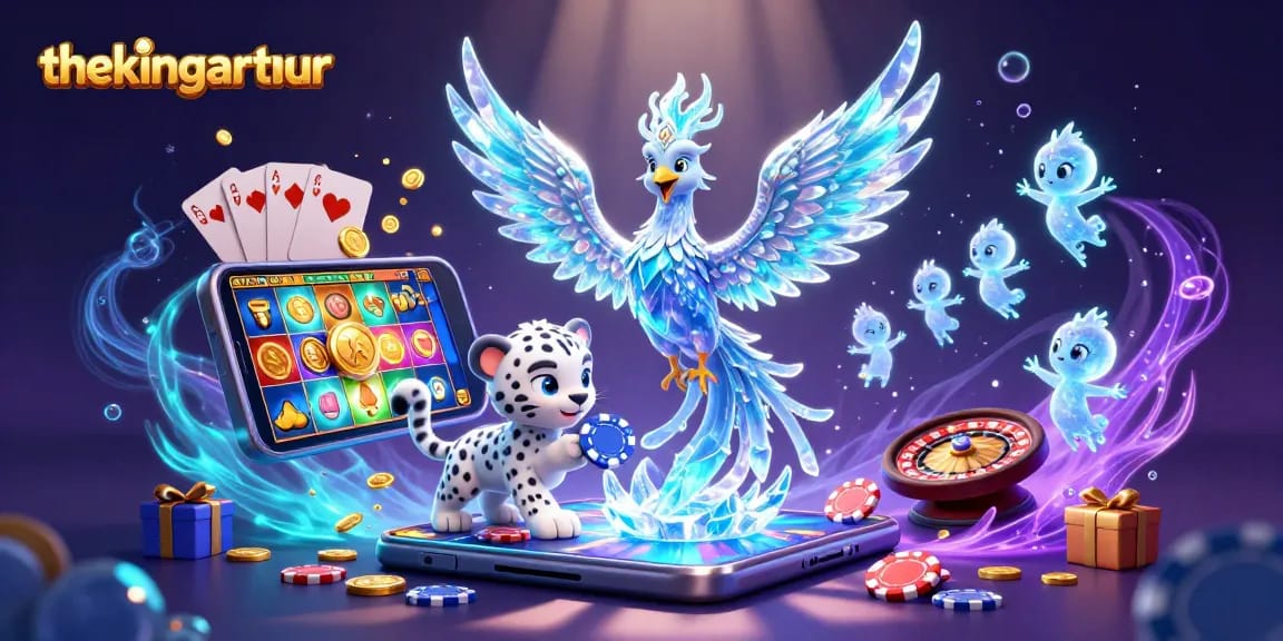 Thekingarthur casino illustration showcasing an ice phoenix and snow leopard cub engaging with vibrant slot game elements
