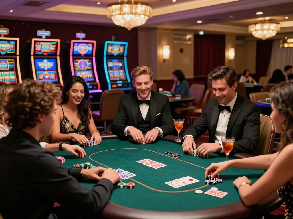 High-energy gaming scene at a top casino with friends enjoying poker at https://rikbet.in.net/.