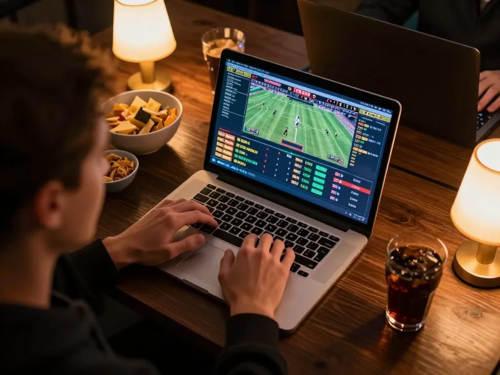 g28 sports betting setup featuring focused player with laptop and live match coverage