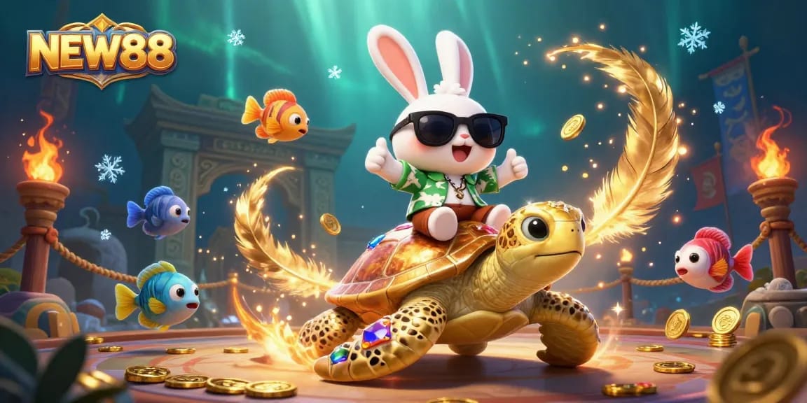 Experience the excitement of NEW88 with a vibrant 3D illustration featuring a lucky rabbit and golden sea turtle.