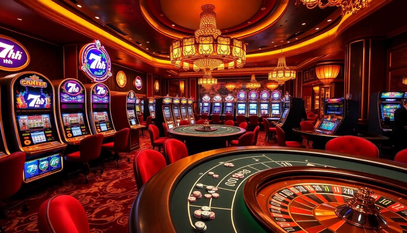 Players enjoying vibrant slot machines and blackjack with 7hh branding in an exciting casino atmosphere.