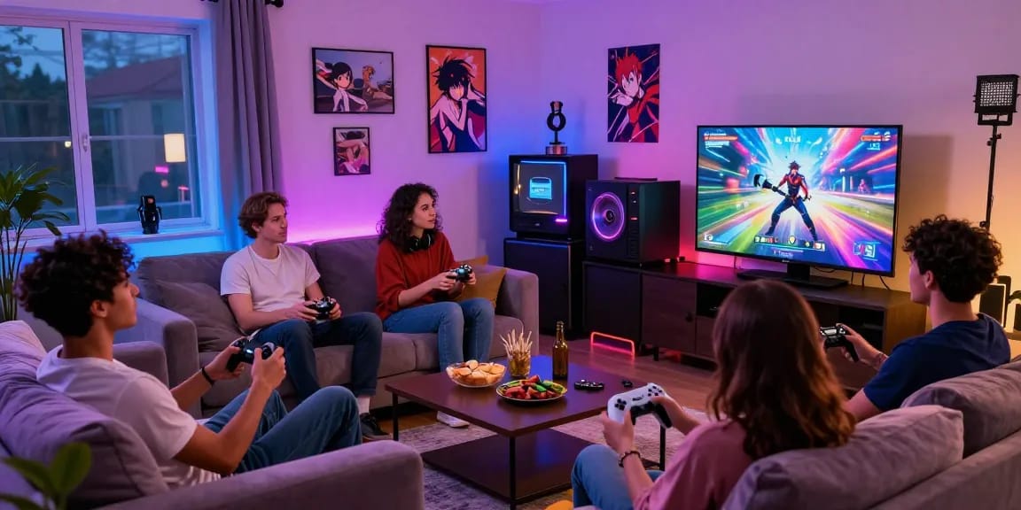 Engaged adults playing a hentai game in a lively living room filled with gaming gear and anime decor.