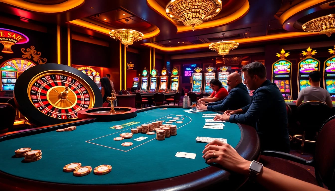 Gamblers enjoying the excitement at the luxurious casino tables of https://mb66.golf/.