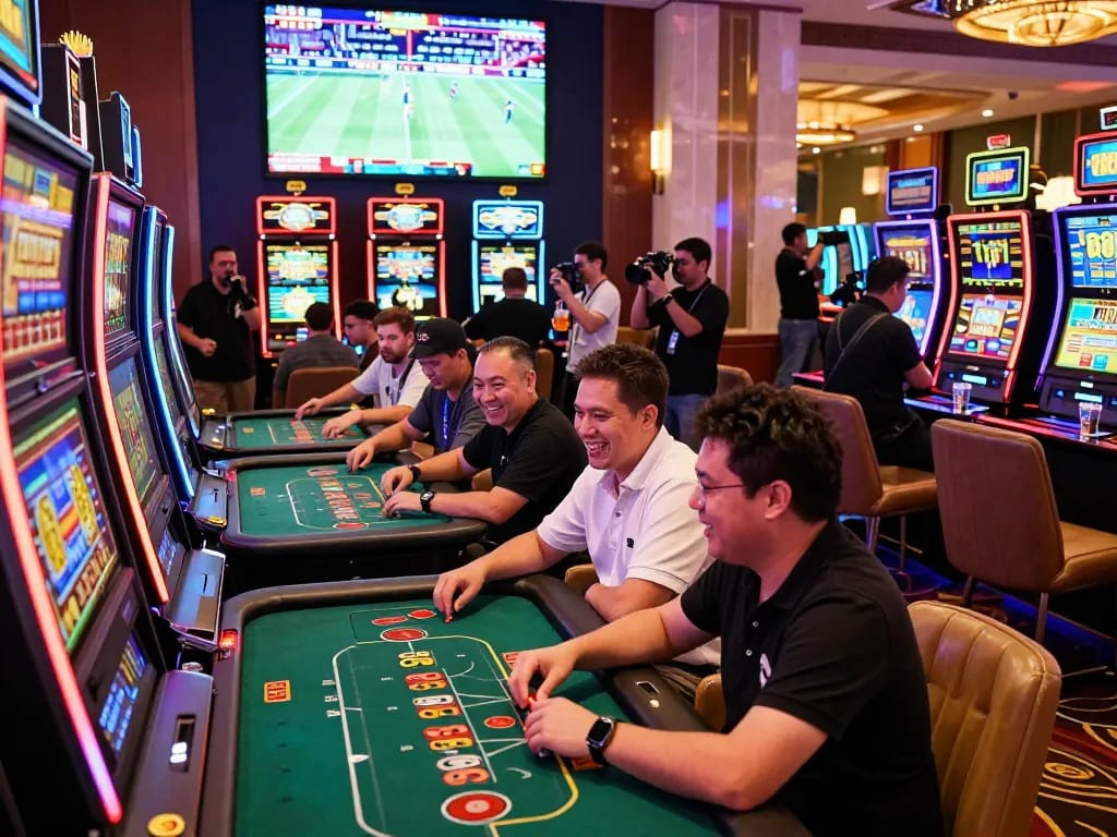 Players enjoying the excitement of bk8 casino games with vibrant lights and engaging atmosphere.