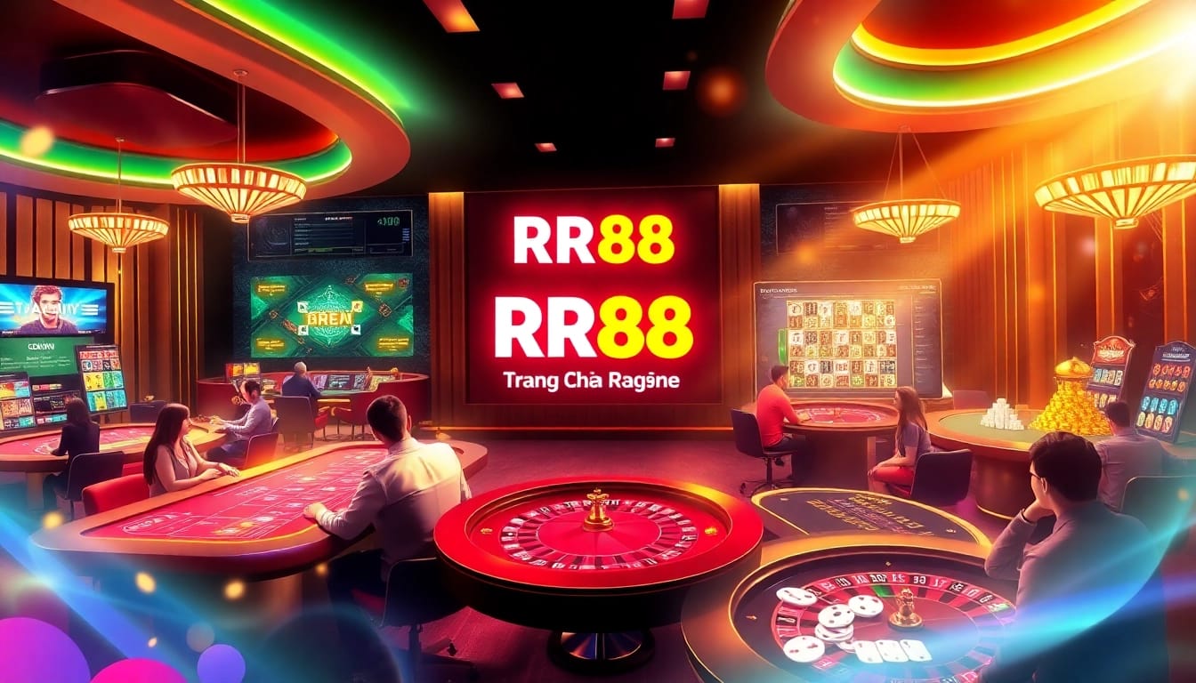 Players engaging with RR88 Trang Chủ online casino games in a vibrant, professional environment