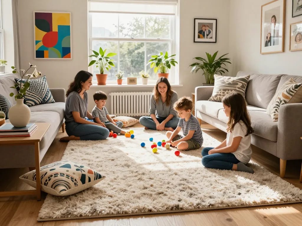 Affordable carpets London featured in a cozy living room with family, showcasing stylish decor and warm ambiance.