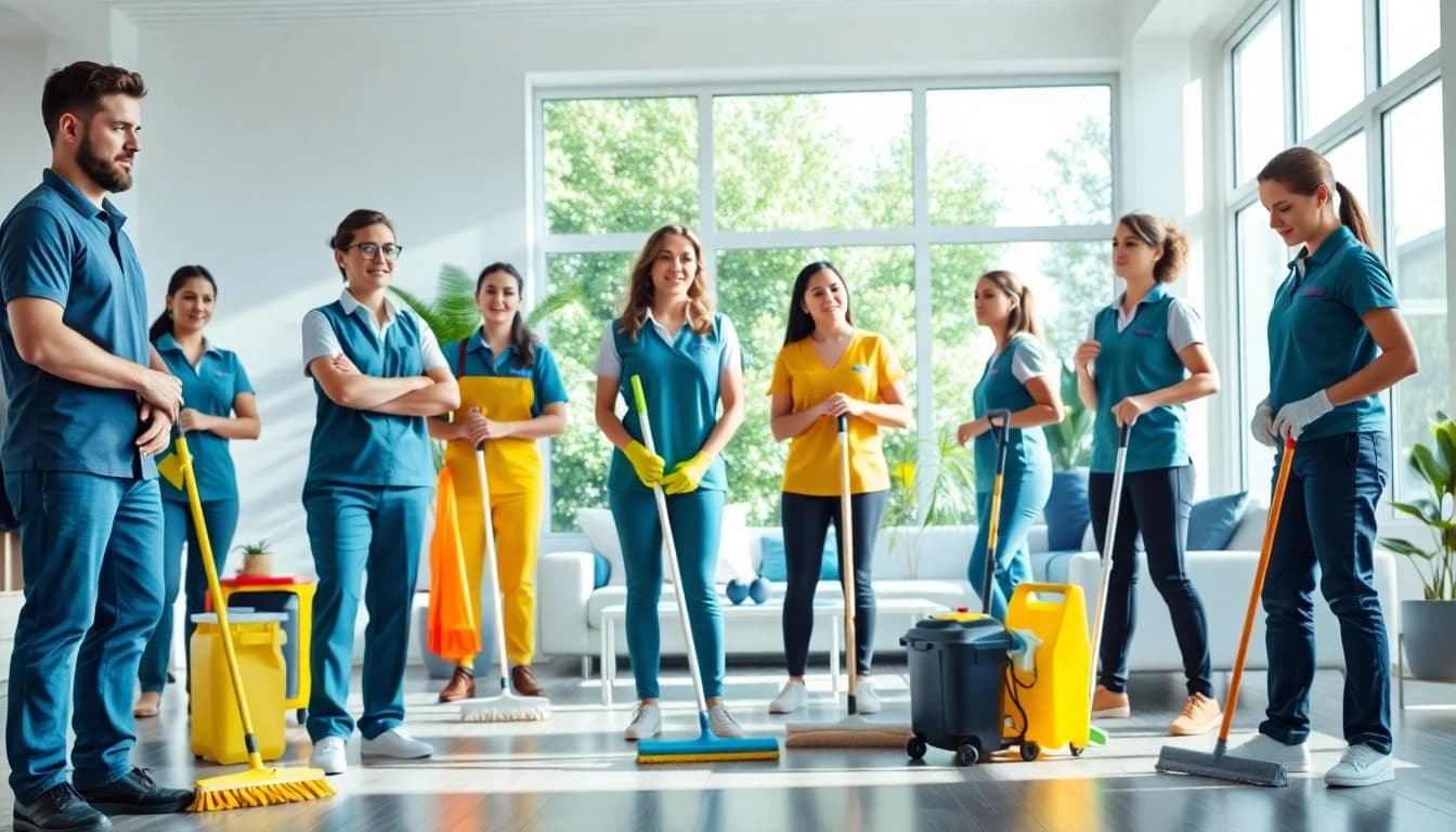 Cleaning services near me showcased by a professional team in a bright home setting.