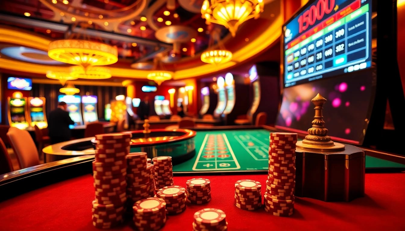 Experience the excitement of MMOO casino with vibrant tables, dealers, and slot machines.